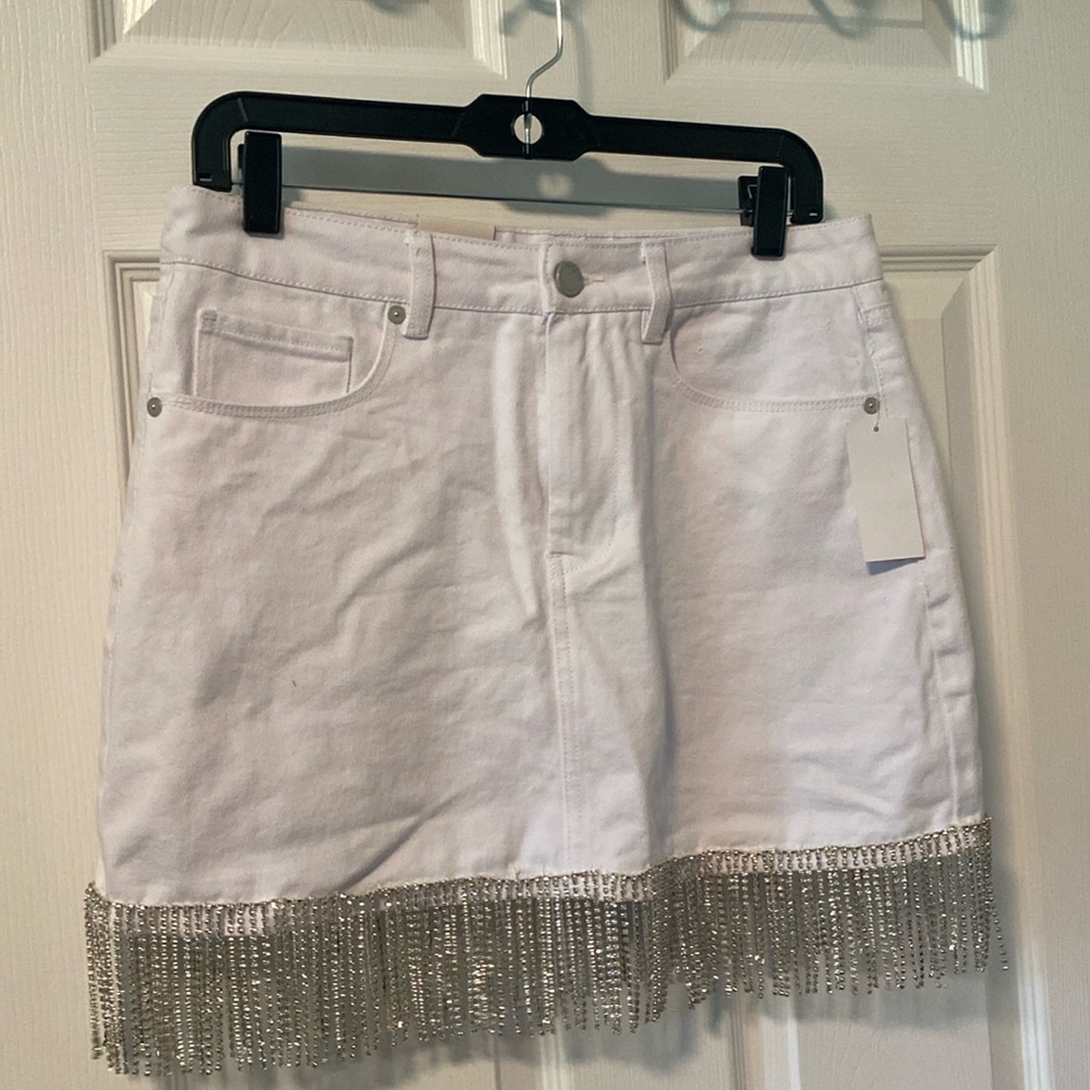 BNWT BLANK NYC White Denim Rhinestone Fringe Mini Skirt Women's Size 29